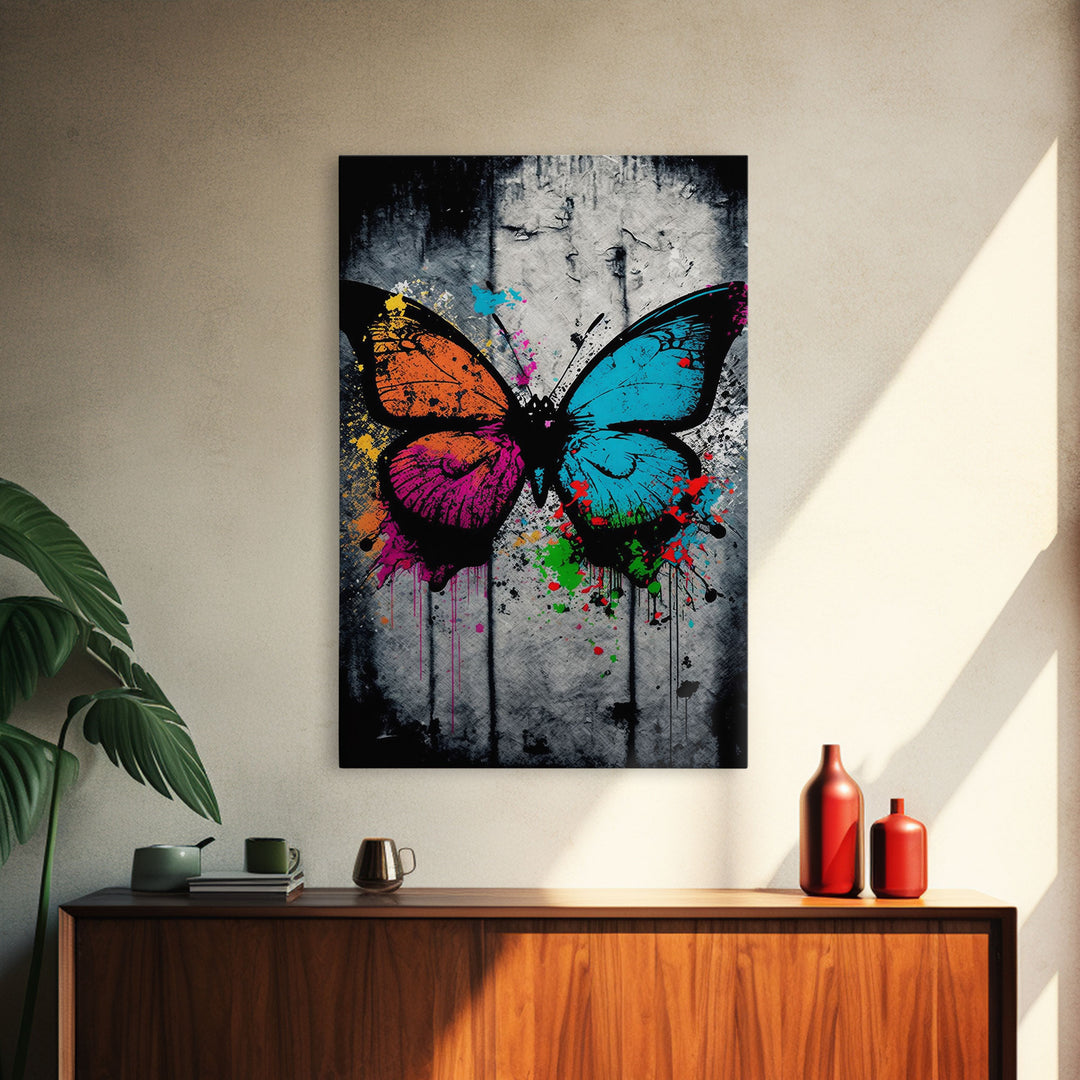 Graffiti Butterfly Art, Framed Canvas Print, Large Wall Art, Contemporary Punk Art, Butterflies, Pop Art, Paint Splatter Art