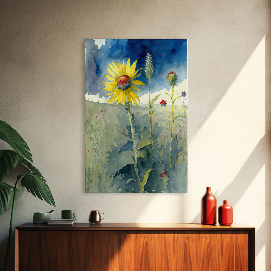 Watercolor Painting Print of a Sunflower and Wildflowers, Framed Canvas Art, Framed Print, Living Room Wall Decor