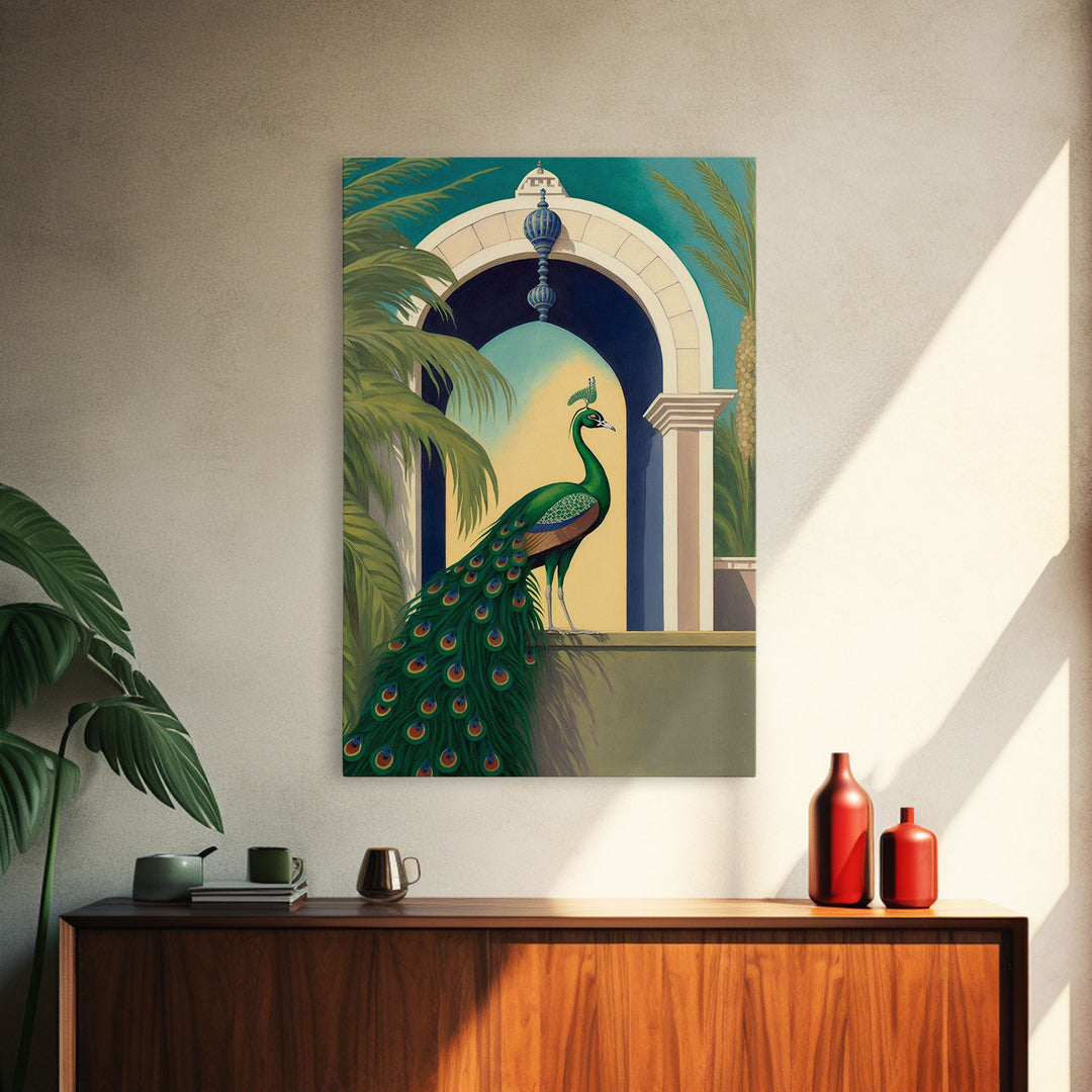 Watercolor Painting Canvas Print of a Colorful Peacock, Framed Canvas Print, Living Room Wall Decor