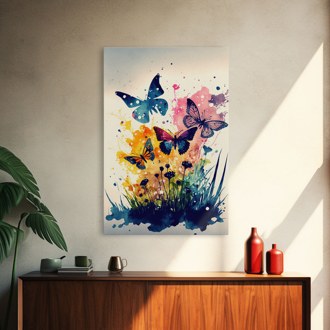 Watercolor Painting Of Butterfly and Wild Flowers, Framed Canvas Print, Colorful Living Room Wall Arrt