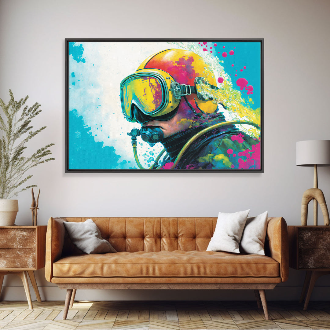 Graffiti Pop Art Scuba Diver, Framed Canvas Print, Scuba Painting, Retro Under Water Punk Art