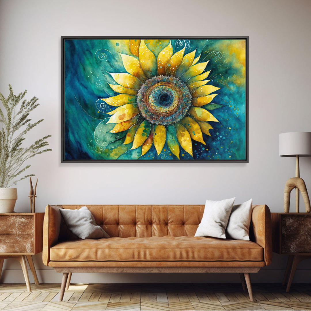 Watercolor of a Sunflower, Framed Canvas Print, Framed Art, Lowkey Farmhouse Wall Art, Living Room Decor, Living Room painting