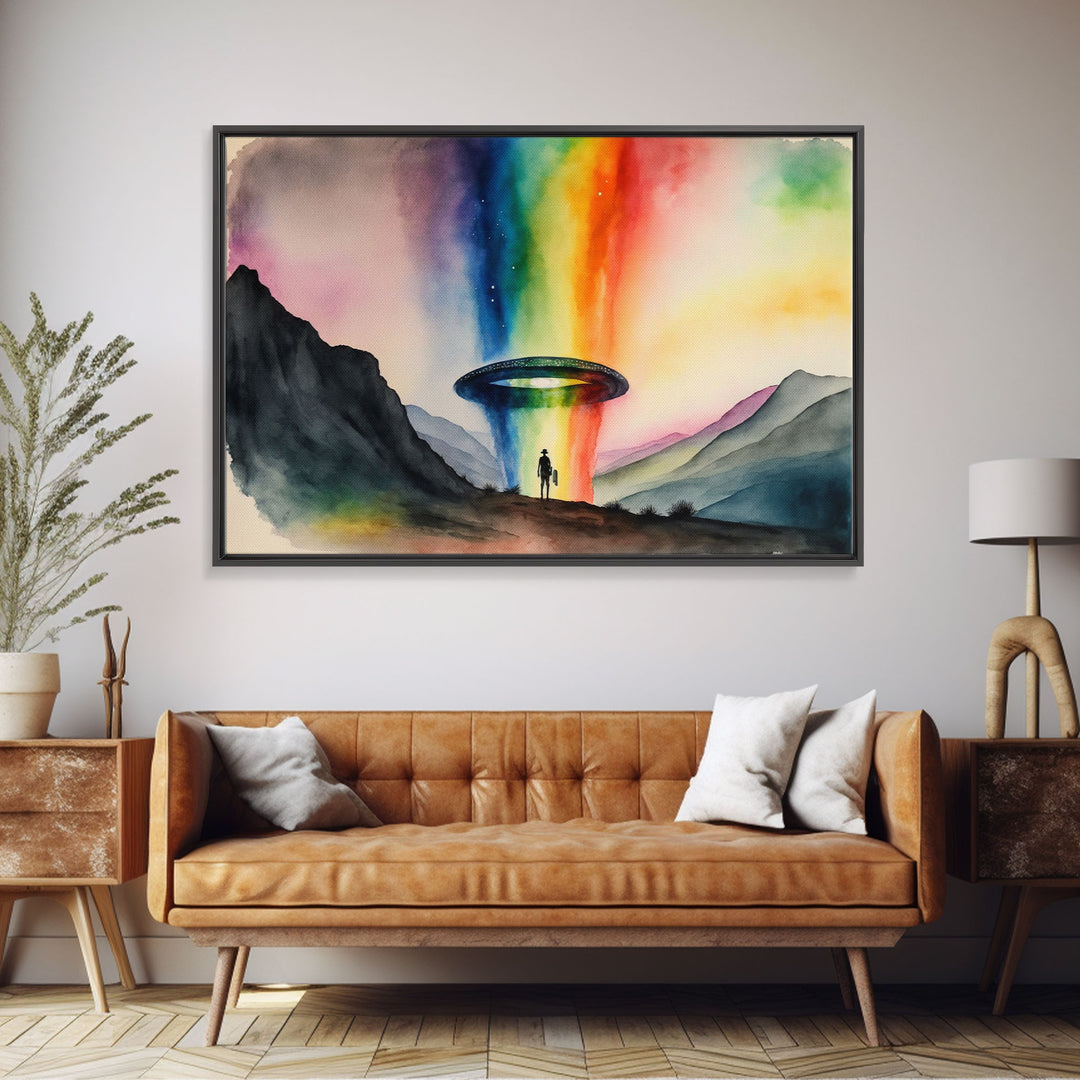 The Abduction, Rainbow UFO Art, Watercolor, Framed Canvas Print, Science Fiction Wall Decor