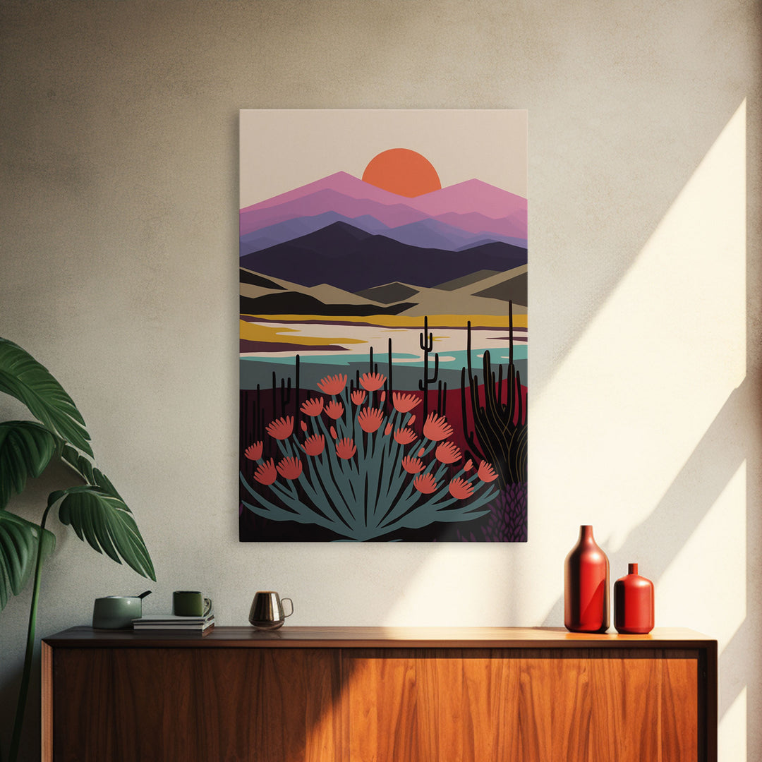 Boho Style Mountain Landscape, Minimalist Art, Sunset Over The Mountains