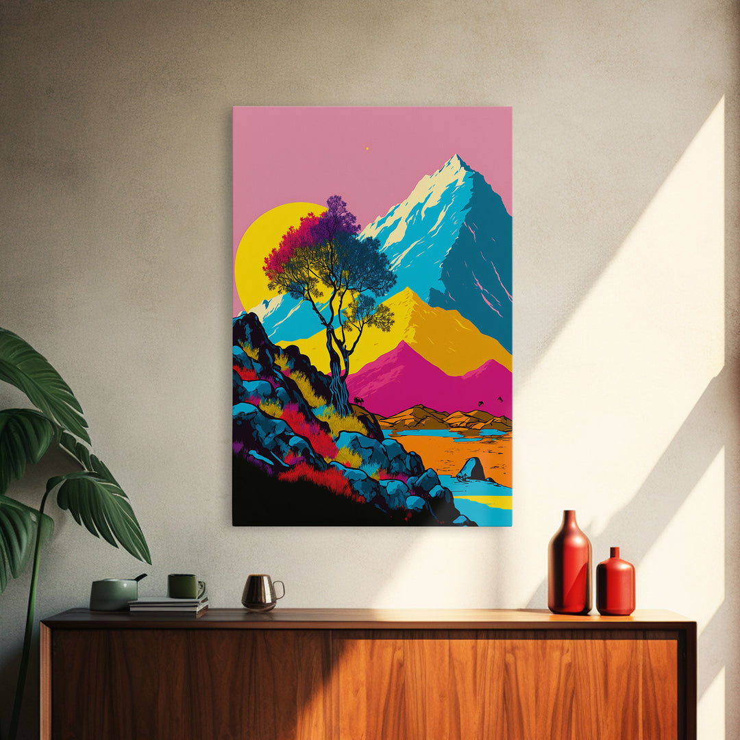 Retro Midcentury Style Wall Art, Framed Canvas Print, Colorful Wall Art, Mountain Landscape, Office Decor, Low Res Art