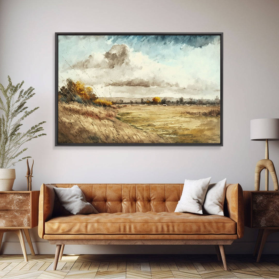 Subdued Vintage Landscape Wall Art Canvas Print, Nature Framed Large Gallery Art, Minimalist Art Ready to Hang, With Hanging Kit, Muted Art