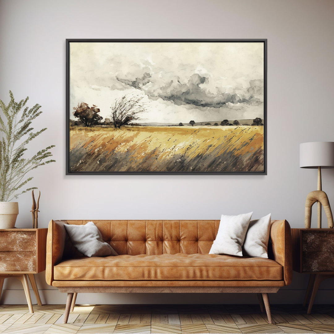 Muted Vintage Style Landscape Wall Art, Nature Framed Large Gallery Art, Oil Painting Art Ready to Hang, Framed Canvas Wall Decoration