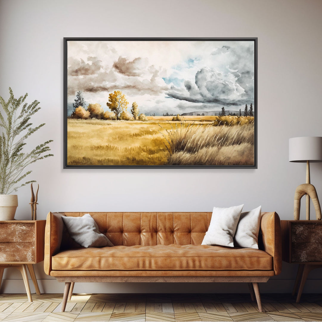 Prairies of Texas, Framed Canvas Print, Subdued / Muted Vintage Style Wall Art, Wall Hanging, Watercolor Painting