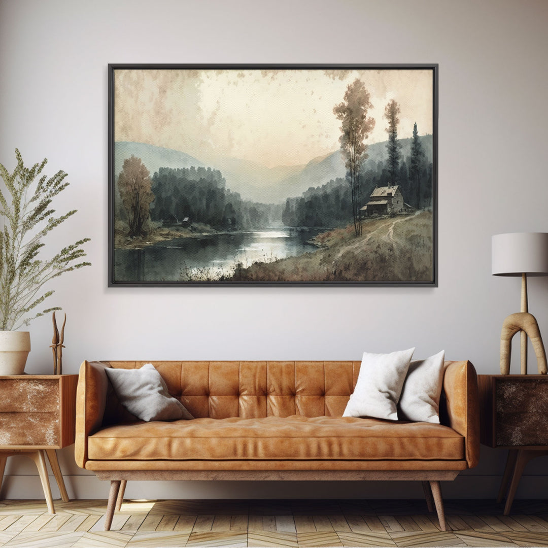 Cottage On The Lake, Wall Art, Framed Canvas Print, Subdued Minimalist Boho Style Wall Decor, Canvas Art, Rustic Decor
