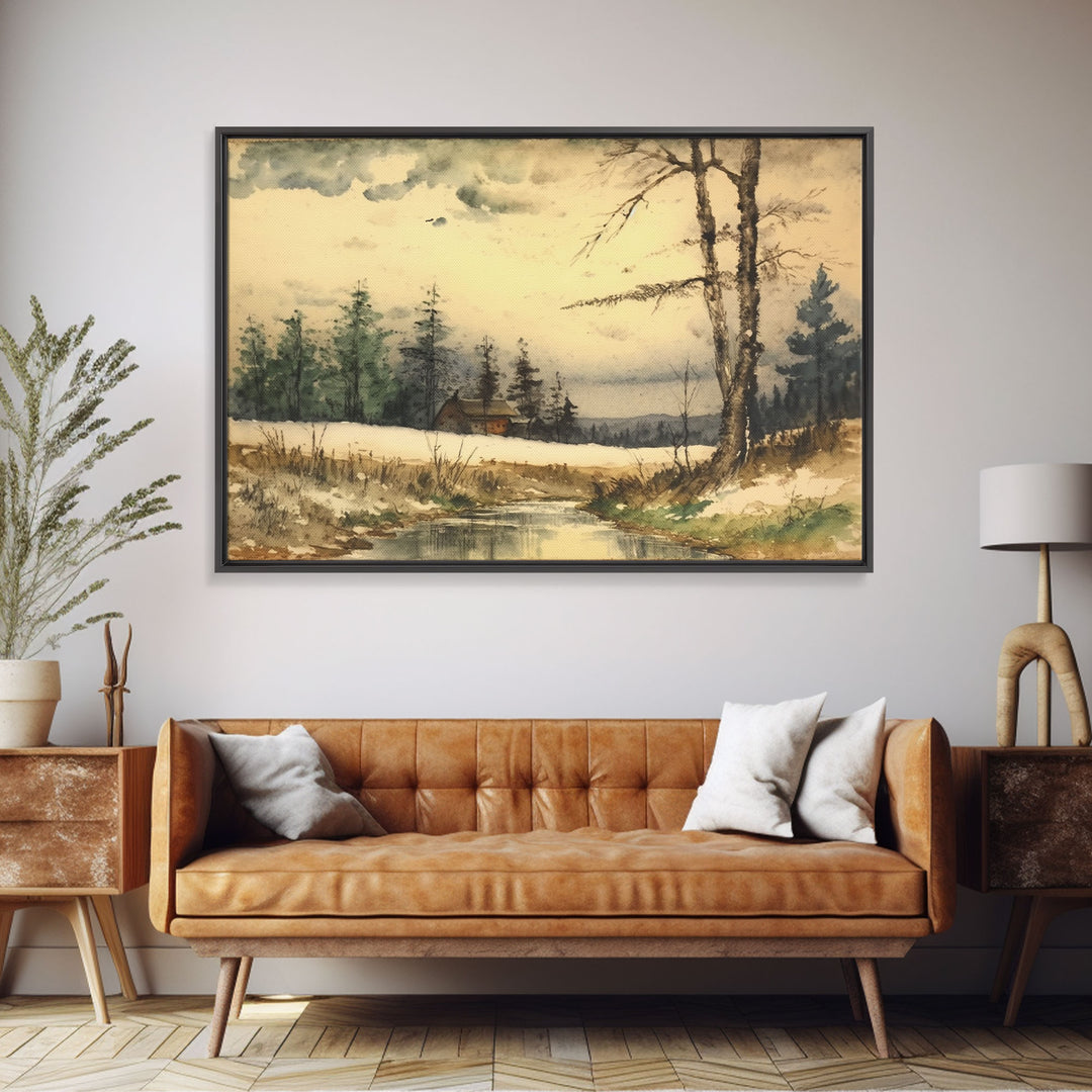 Cottage On The Lake, Wall Art, Framed Canvas Print, Subdued Minimalist Boho Style Wall Decor, Canvas Art, Rustic Decor