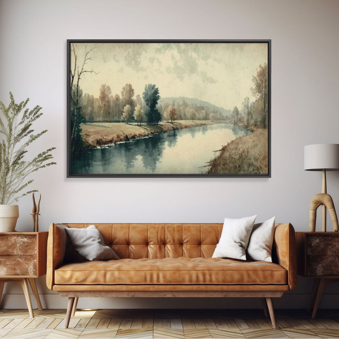 Vintage Landscape Wall Art Print, Nature Framed Large Gallery Art, Minimalist Art Ready to Hang, With Hangers, Muted Farmhouse Art