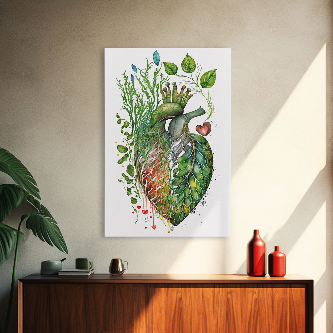 Florapunk Heart, Anatomical Heart Painting Canvas Print, Watercolor Heart, Human Heart, Pond Heart, Marsh Painting, Waterlily, Lily pads