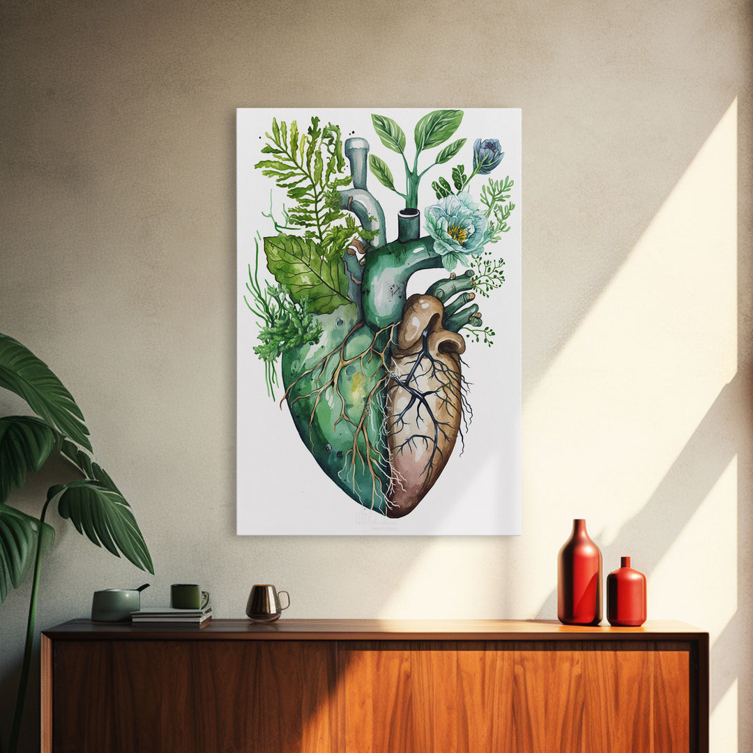 Florapunk Heart, Anatomical Heart Painting Canvas Print, Watercolor Heart, Human Heart, Pond Heart, Marsh Painting, Waterlily, Lily pads