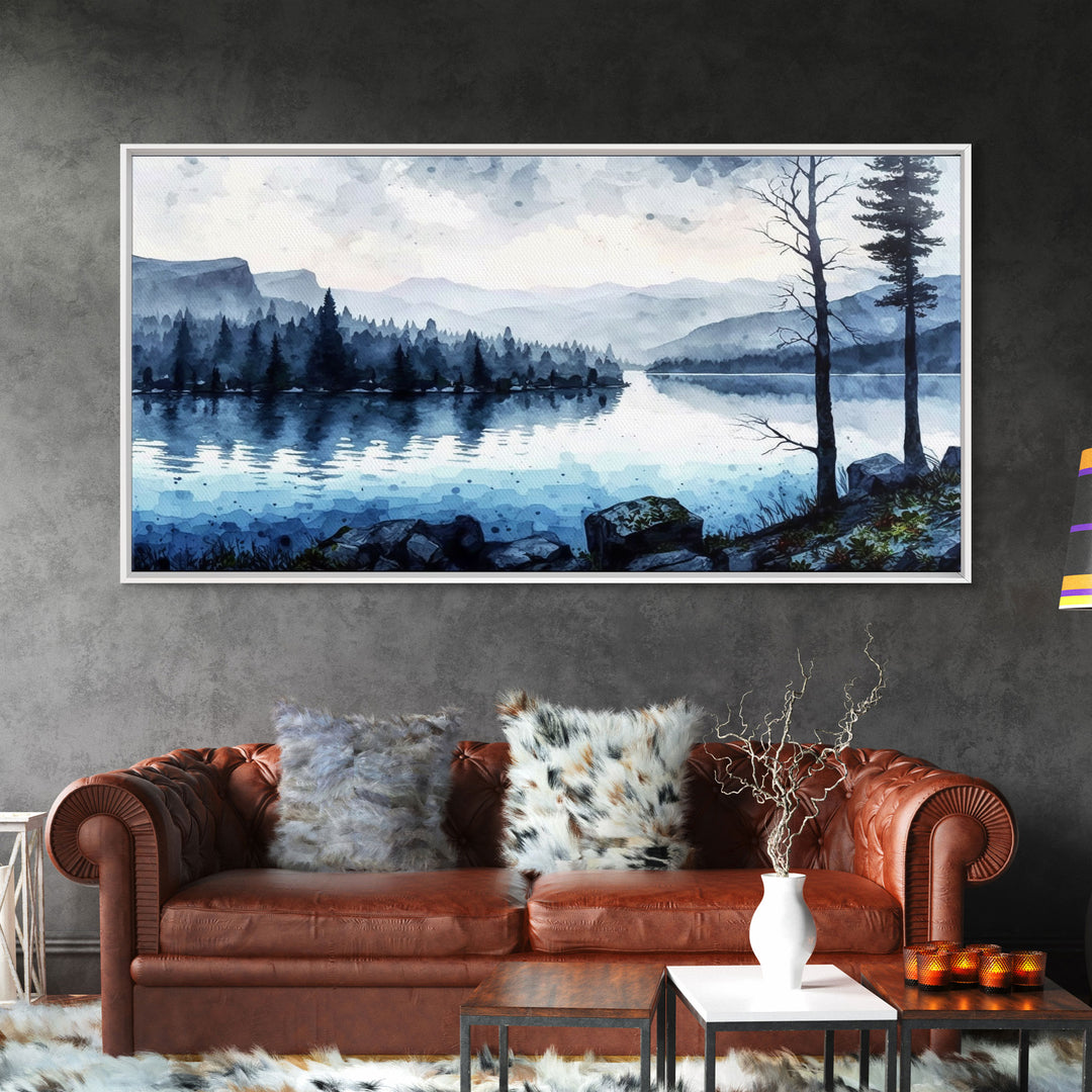 Blue Lagoon, Pacific Northwest Lake Art, Framed Canvas Print, Blue Wall Art, Watercolor Painting, Original Landscape Art Painting