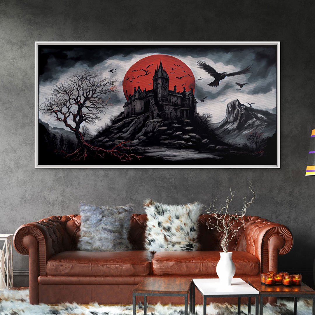 Horror Art, Haunted Castle and Blood Moon, Framed Canvas Print, Goth Art, Gothic Decor, Cool Wall Art