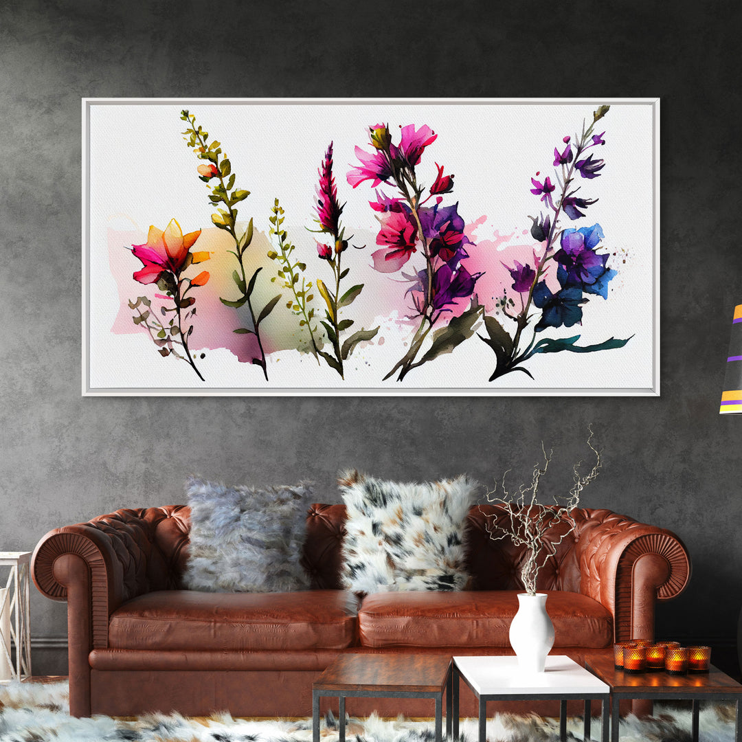 Colorful Wild Flowers On White Background, Framed Canvas Print, Watercolor Wall Art, Wall Decor, Floral Art, Pink Flowers, Mother's Day