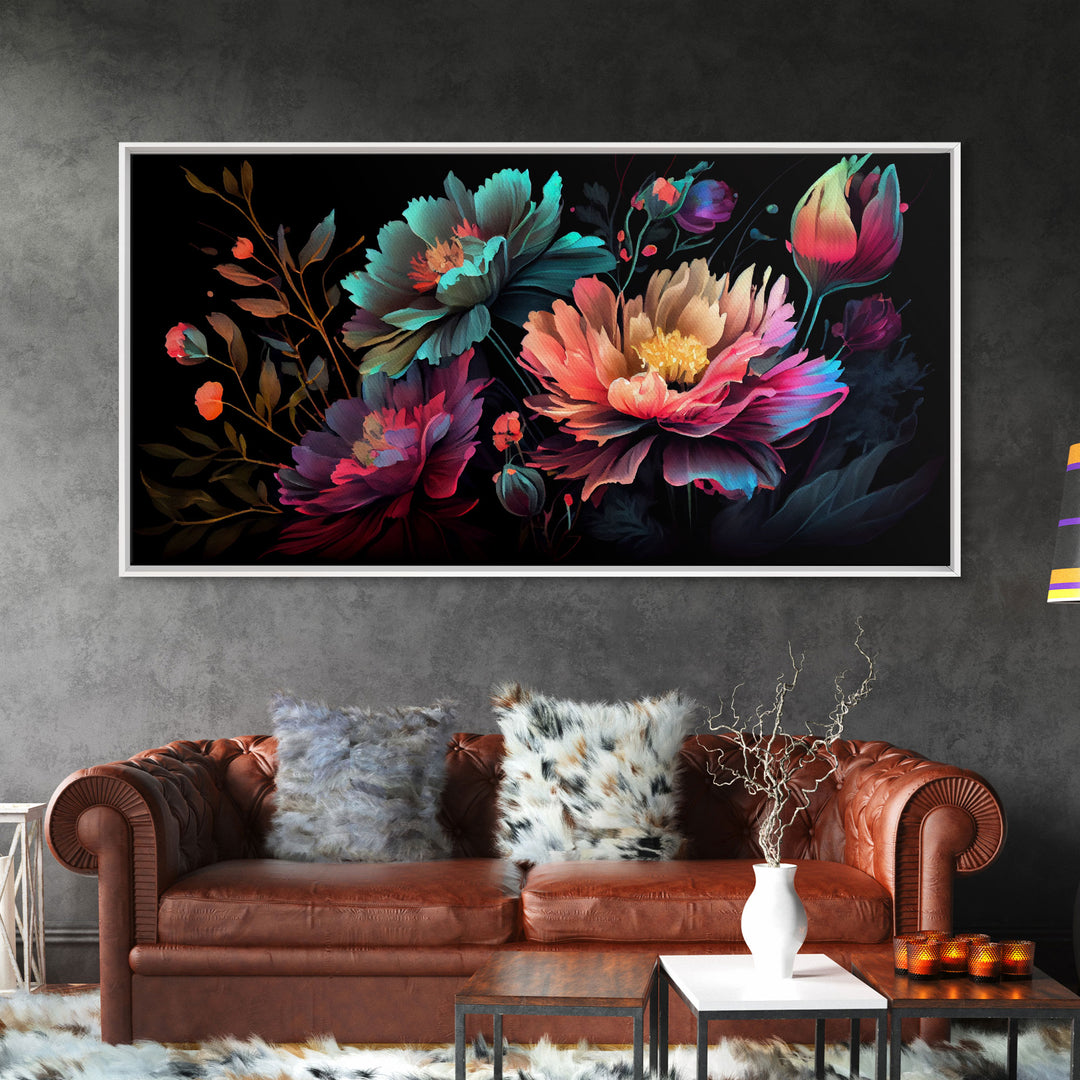 Vibrant Wild Flowers On Black Background, Framed Canvas Print, Watercolor Wall Art, Wall Decor, Floral Art, Pretty Flowers, Mother's Day
