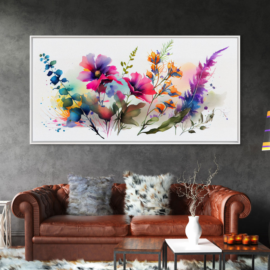 Pink Wild Flowers Wall Art, Framed Canvas Print, Mother's Day, Gift For Mom, Farmhouse Decor, Rustic Watercolor Painting White Background