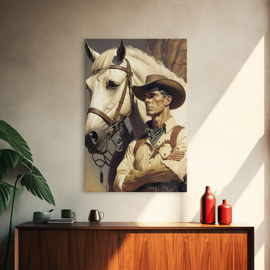 Western Cowboy Painting Canvas Print | Vintage Wall Art | Mid Century Decor | Antique Oil Painting | Moody Print | JC Leyendecker Inspired