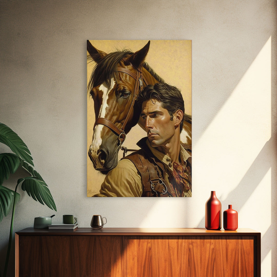 Western Cowboy Painting Canvas Print | Vintage Wall Art | Mid Century Decor | Antique Oil Painting | Moody Print | JC Leyendecker Inspired