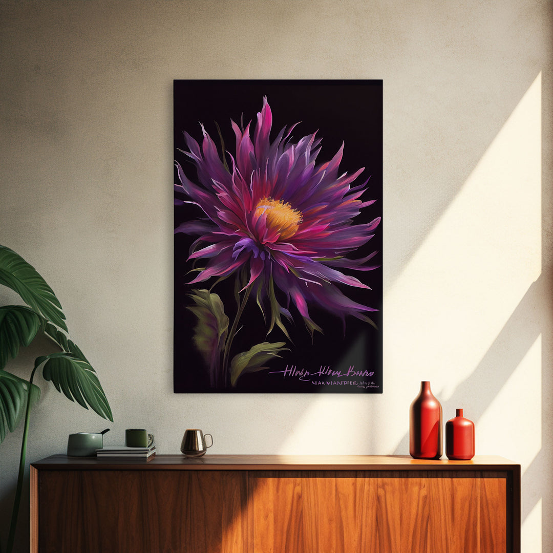 Vintage Style Flower / Botanical Painting Print / Framed Canvas Print / Beautiful Floral Decor / Boho Style Flower Art / Purple Flowers