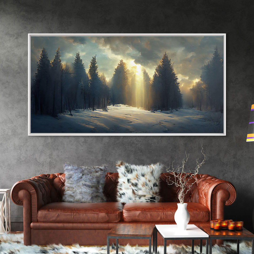 Snowy Forest Canvas Print, Scenic nature landscape, winter art, sunlight shining through the trees, Framed Wall Art