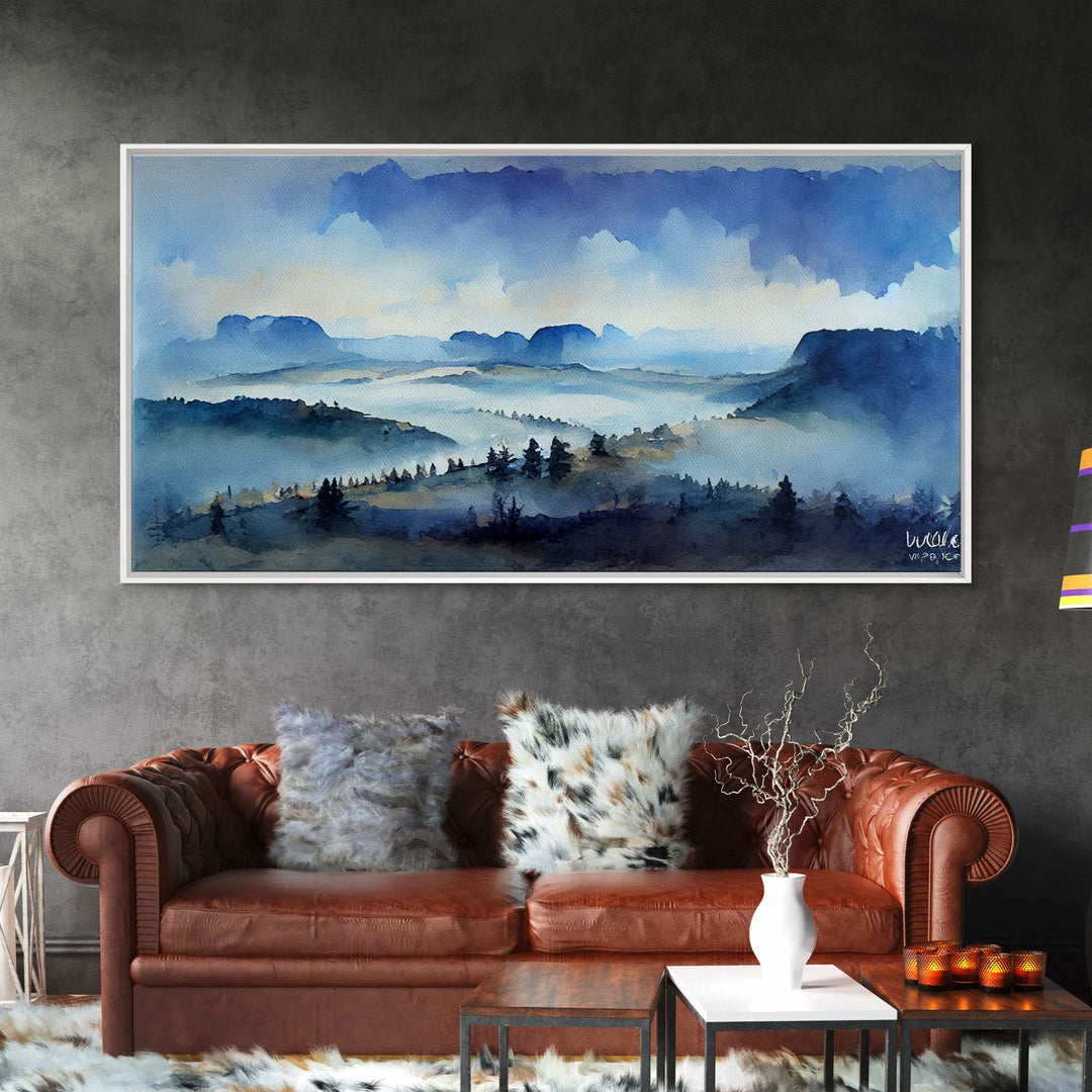 Watercolor Panoramic Canvas Print, Valley Trees and Mountain Landscape Art, Cool Living Room Art, farmhouse decor, guest room art