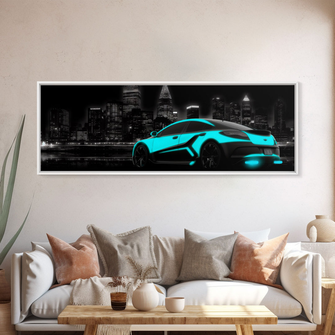 City Skyline Wall Art, Teal Sports Car, Abstract Urban Art, Cityscape Art, Dark Night Large Urban Art, Panoramic, Wall Art, Canvas Print