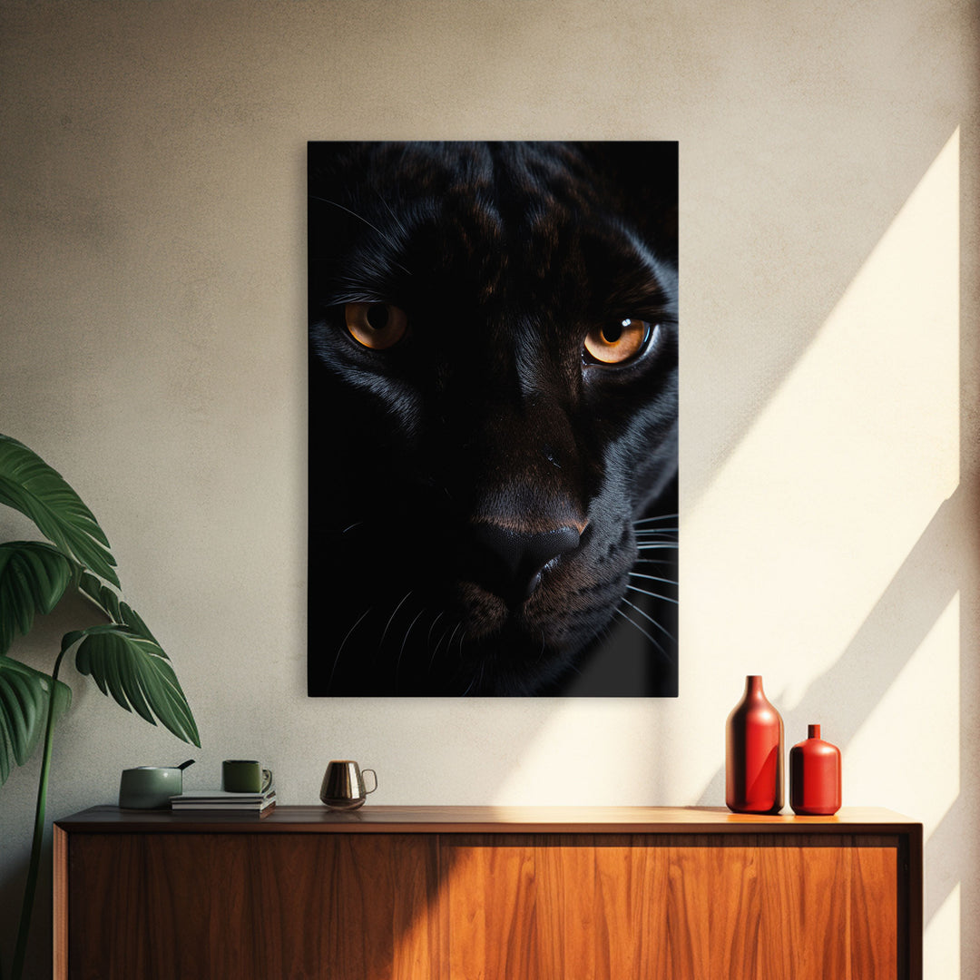 Portrait Of A Predator, Black Cat, Black Panther Photography, Framed Canvas Print, Wood Frame Wall Art