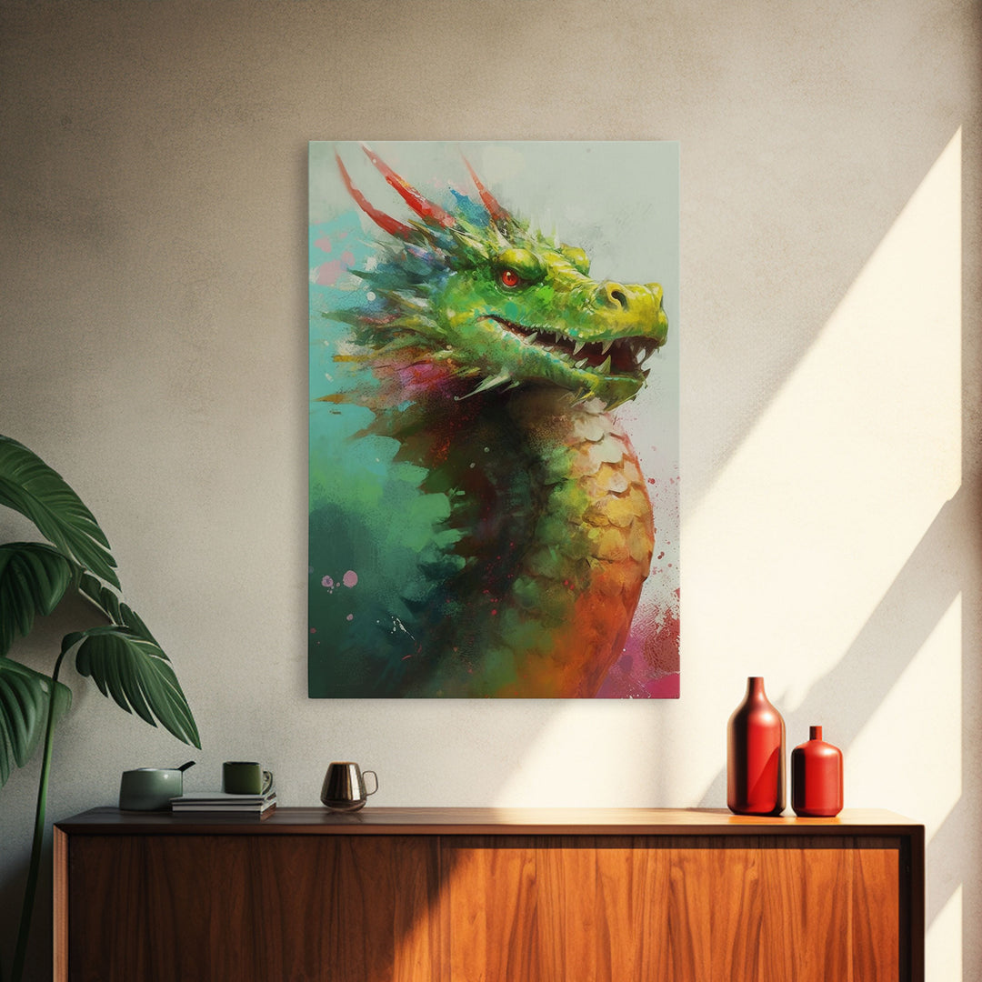 Framed Dragon Print, Watercolor Painting Of A Beautiful Dragon, Canvas Print, Canvas Art, Fantasy Decor