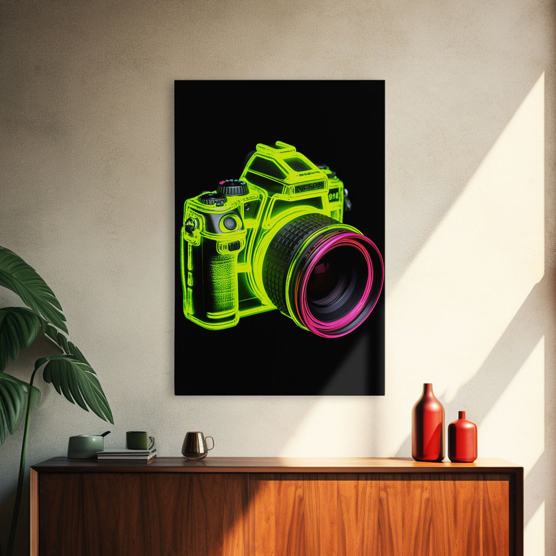 Neon Green Camera Wall Art, Neon Wall Decor, Photography Art, Minimalist Print, Wall Decor, Canvas Print, Wall Art, Framed Canvas