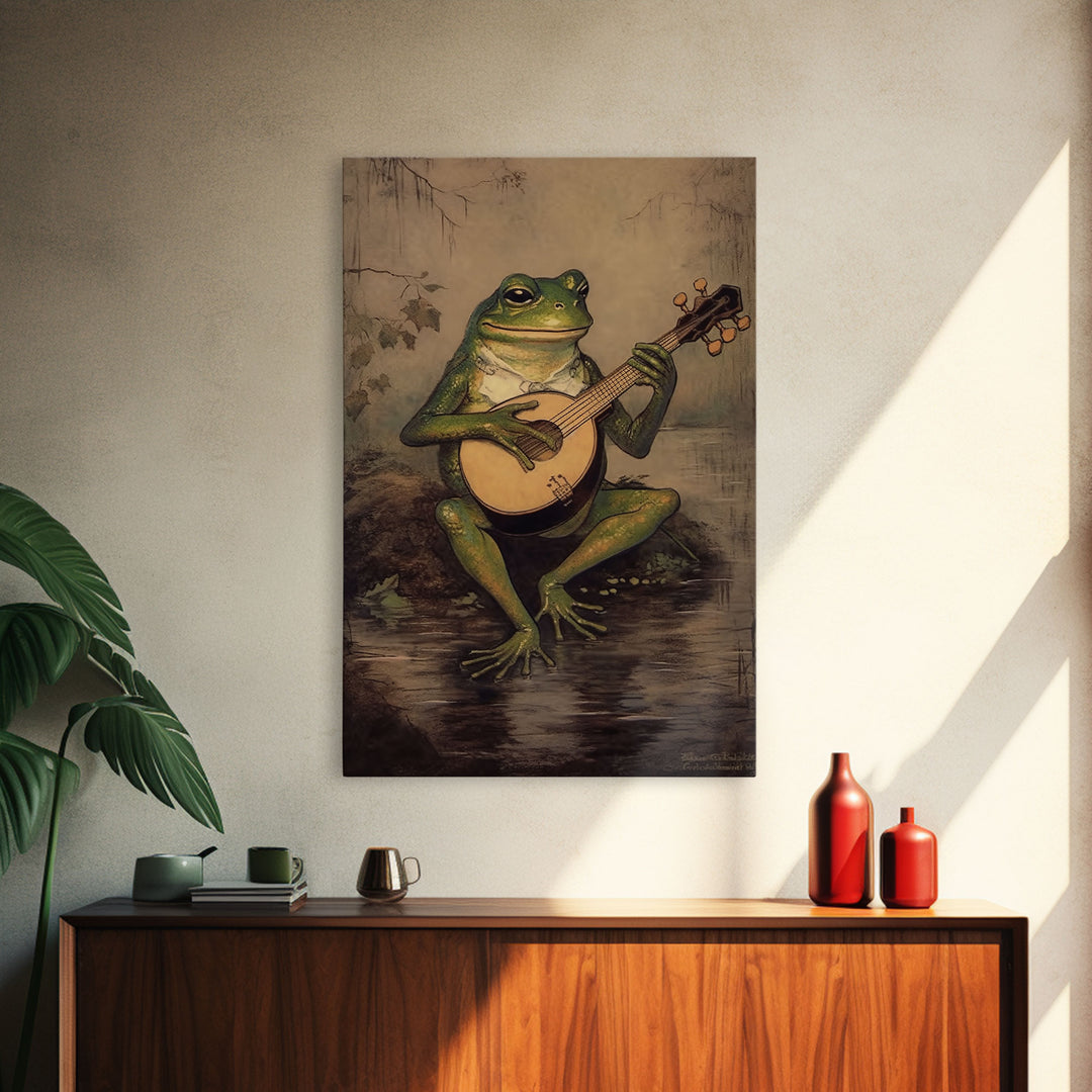 The Banjo Toad, Frog Playing A Banjo In The Moonlight, Vintage Canvas Print or Poster, Funny Frog Art, Retro Art, Vintage Print