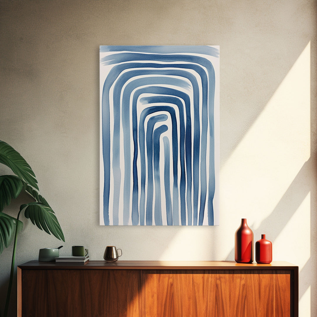 Framed Canvas Print Watercolor Blue Geometric Pastel Lines, Minimalist Abstract Room Decor, Mid-Century Modern Art Print, Retro Art