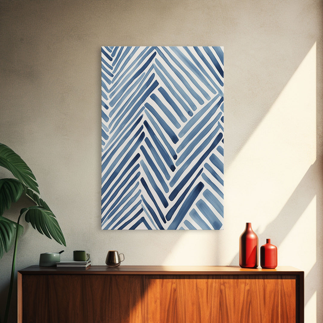 Framed Canvas Print Watercolor Blue Geometric Pastel Lines, Minimalist Abstract Room Decor, Mid-Century Modern Art Print, Retro Art