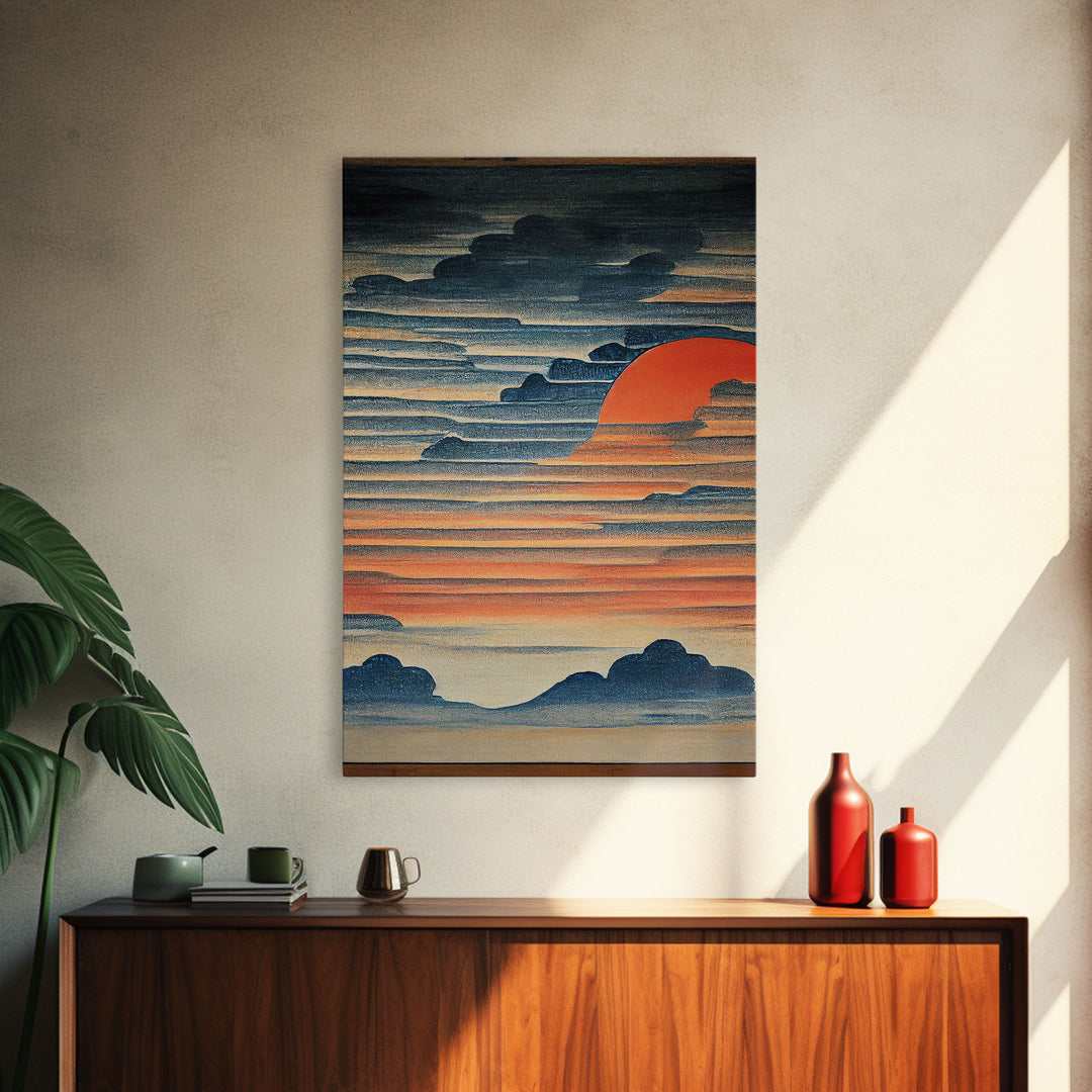 Japanese style wall art, sunrise over the mountains, canvas print, woodblock print style art, Hokusai style wall art