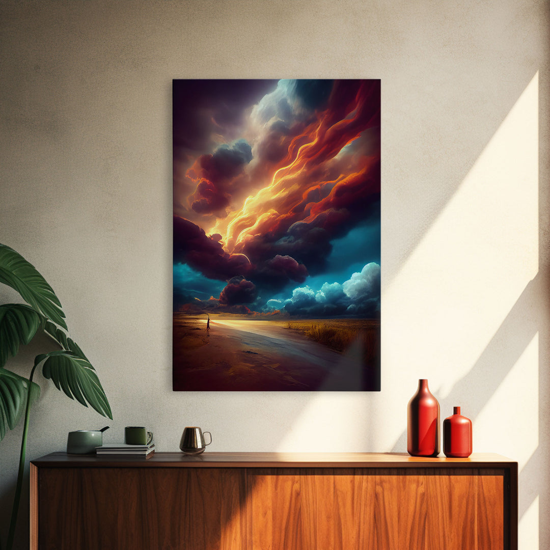 Watercolor painting canvas print of a thunder storm, gloomy wall art, golden hour, cool rain storm wall art
