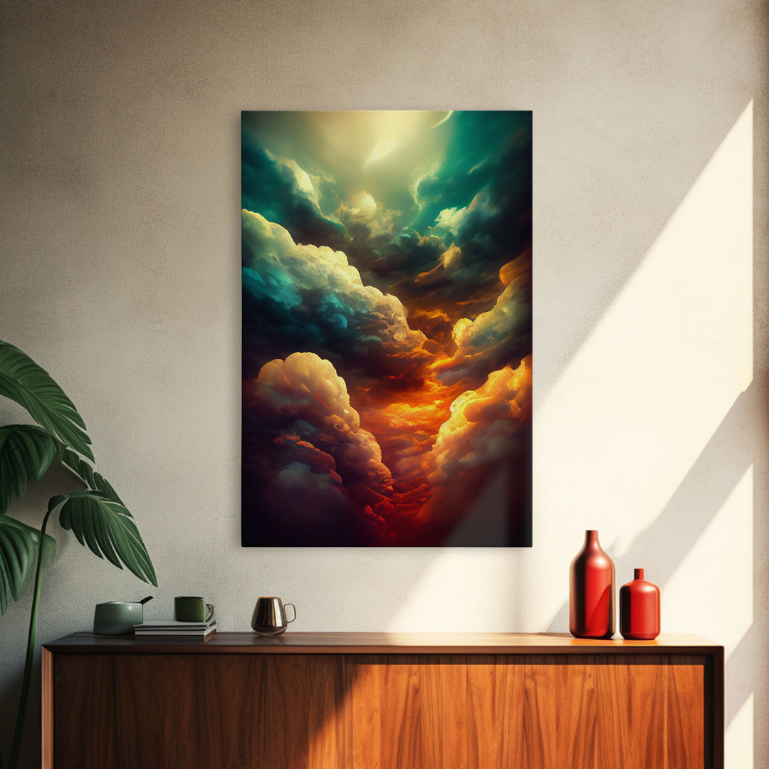 Watercolor painting canvas print of a thunder storm, gloomy wall art, golden hour, cool rain storm wall art, stormy skies