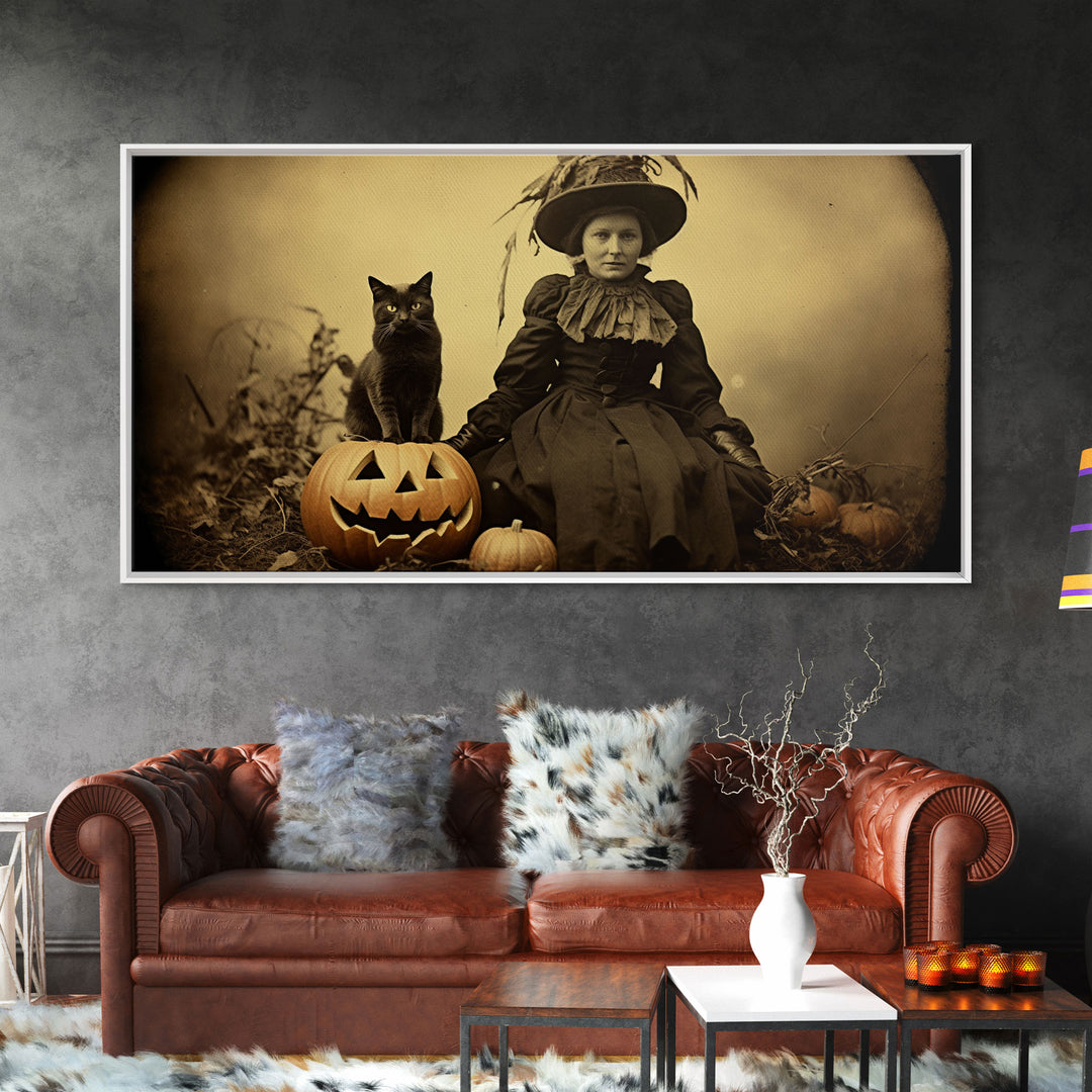 Spooky Halloween Art, Tin Type Photo Of A Witch and Her Black Cat, Witchy Decor, Canvas Print, Witch Girl, Dark Academia, Gothic Victorian