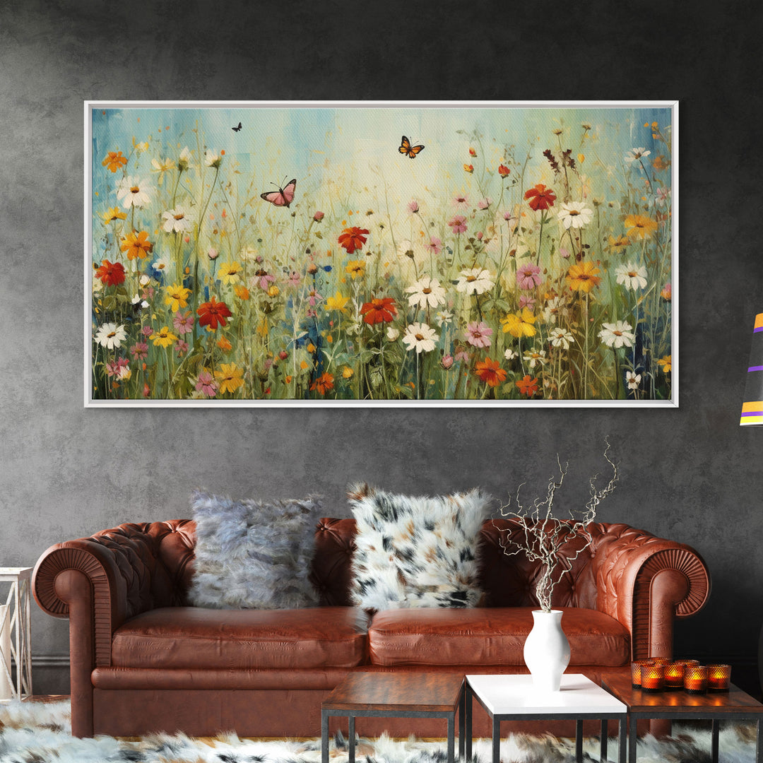 Butterfly Art, Wildflowers Print, Framed Canvas Print, Beautiful Watercolor Painting, Abova Sofa Decor, Minimalist Wall Art, Modern Decor