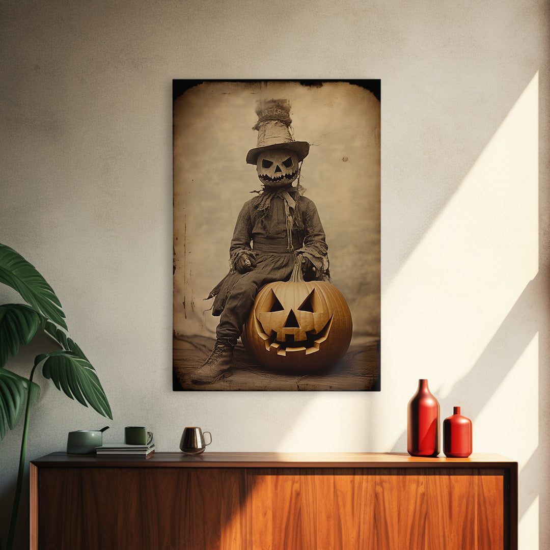 Spooky Halloween Art, The Scarecrow and the Jack O' Lantern, Framed Canvas Print, Halloween Canvas, Spooky Decor, Cottagecore Spooky Art