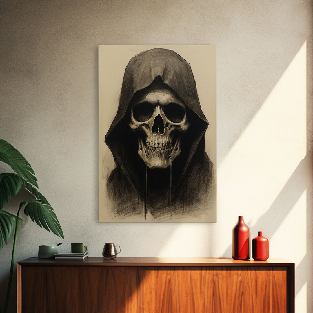Skull Decor, Charcoal Drawing, Gothic Home Decor, Canvas Print, Wall Art, Vertical Art, Skull Gift, Human Skull Decor, Modern Art Prints
