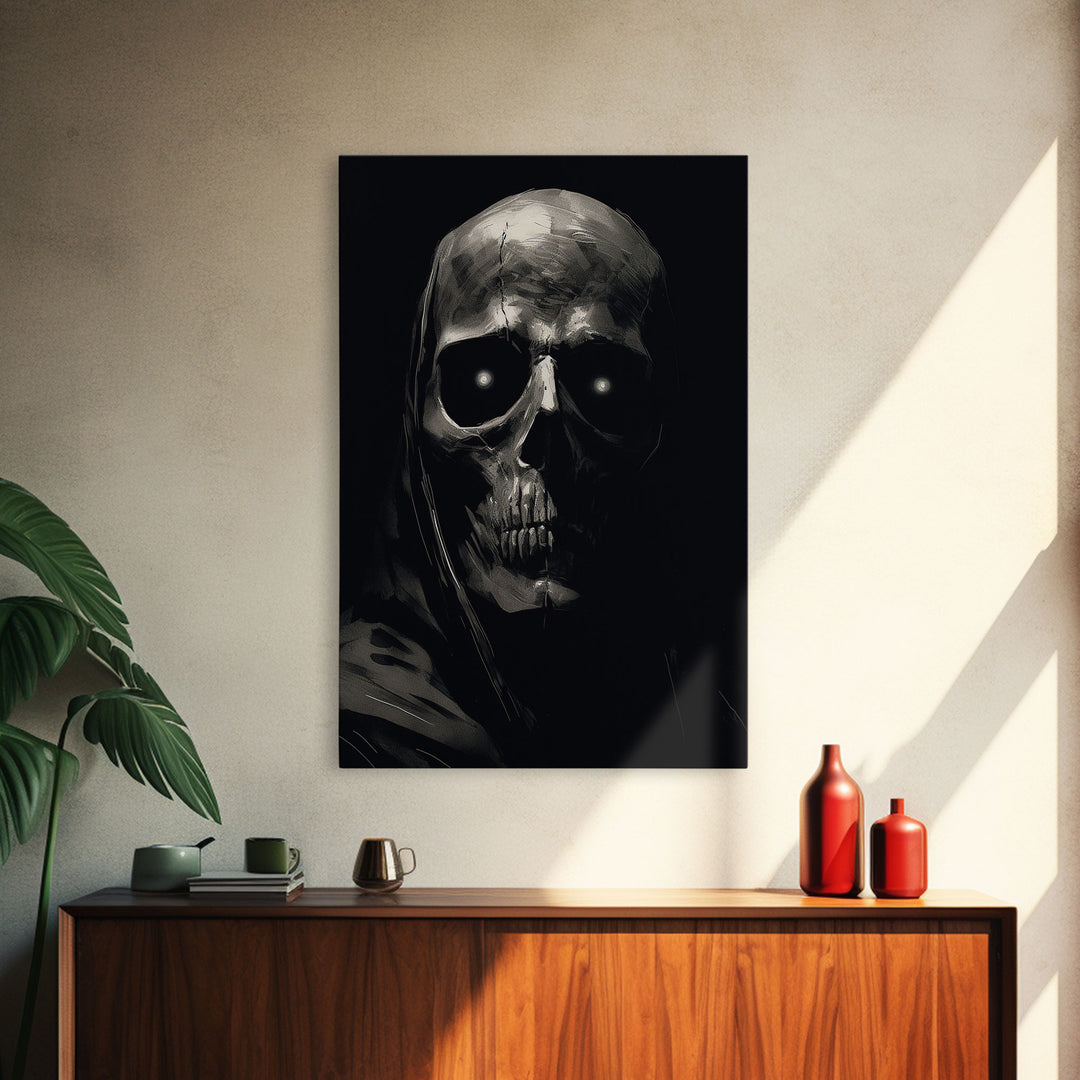 Glowing Eyes Grim Reaper, Spooky Halloween Canvas Art, Framed Canvas Print, Halloween Wall Decor, Skull Portrait