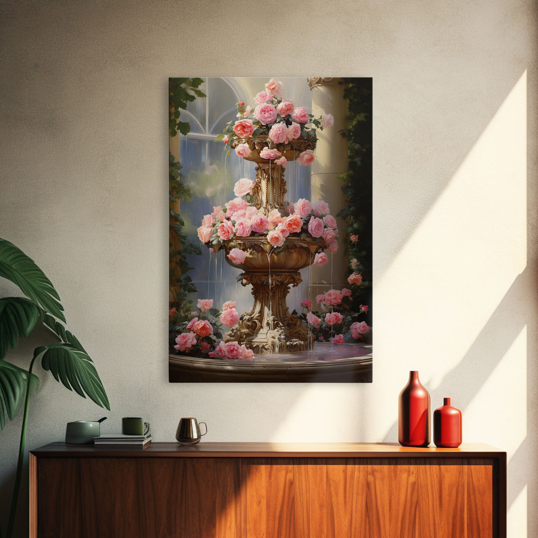 Fountain Wall Print, Pink Roses Wall Art, Flower Art Print, Canvas Print, Wall Art, Vertical Print, Botanical Art, Country Home Decor