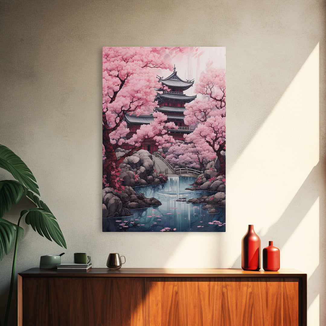 Pagoda Wall Art, Japanese Wall Art, Asian Art, Cherry Blossom Tree, Canvas Print, Wall Art, Vertical Art, Engagement Gift, Prints Wall Art