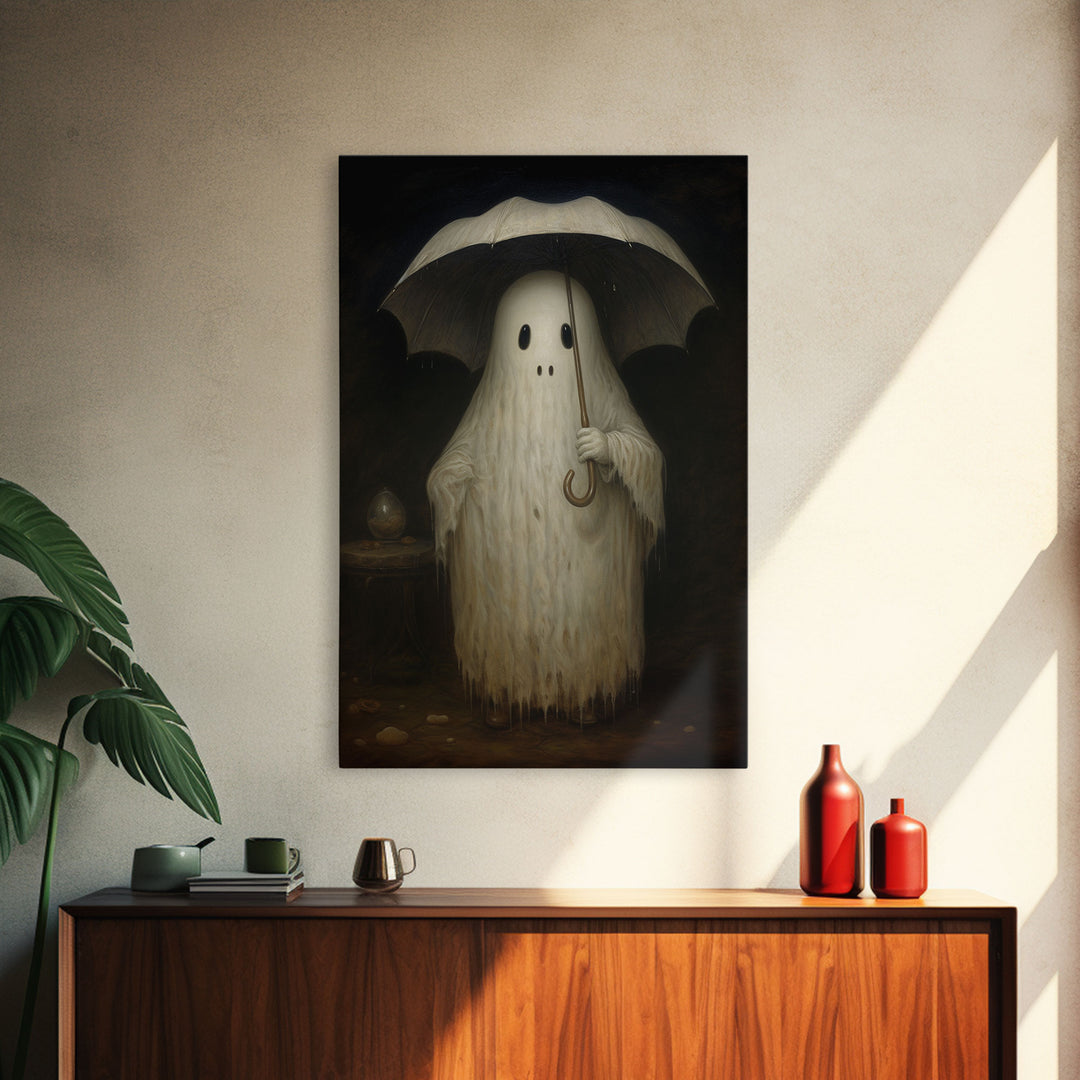 Cute Ghost Painting, Ghost In The Rain, Vintage Canvas, Art Canvas Print, Dark Academia, Haunting Ghost, Cute Halloween Decor