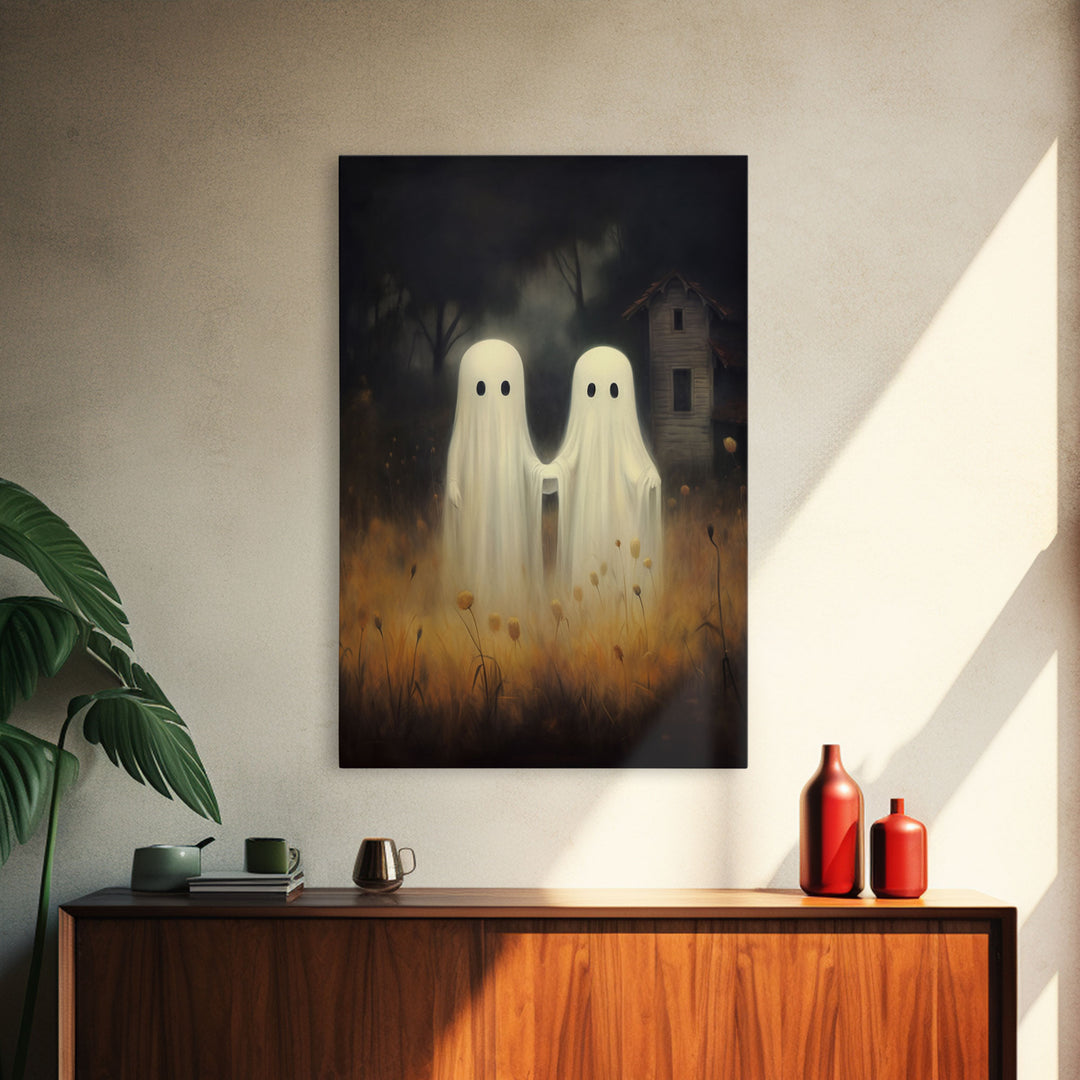 Farmhouse Ghosts Art Print, Halloween Art Print, Halloween Decor, Cute Ghosts in Field, Spooky Vintage Halloween, Wall Art, Framed Canvas