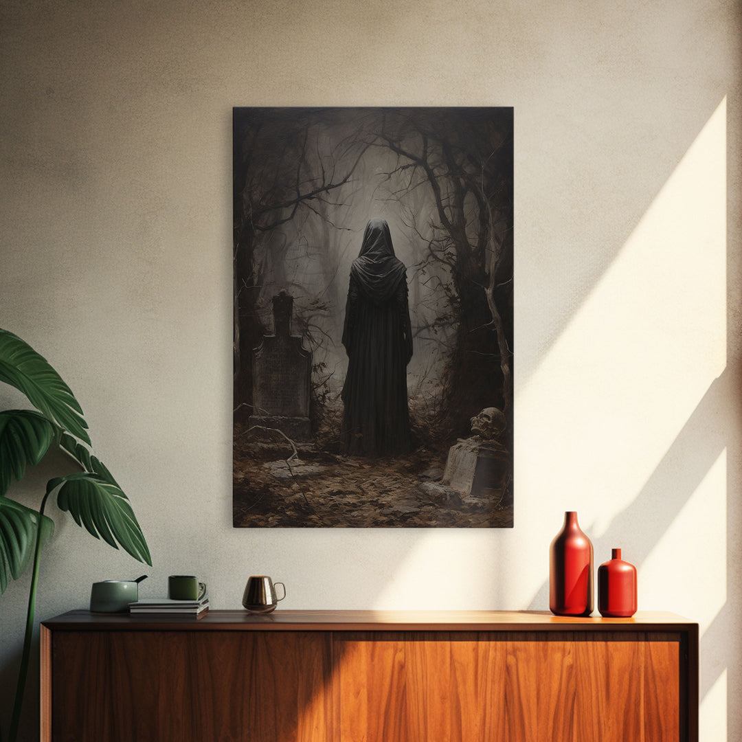 The Witch In The Cemetary, Vintage Halloween Witch Art, Halloween Canvas Printed / Framed Canvas, Witchy Decor, Witchcraft, Dark Academia