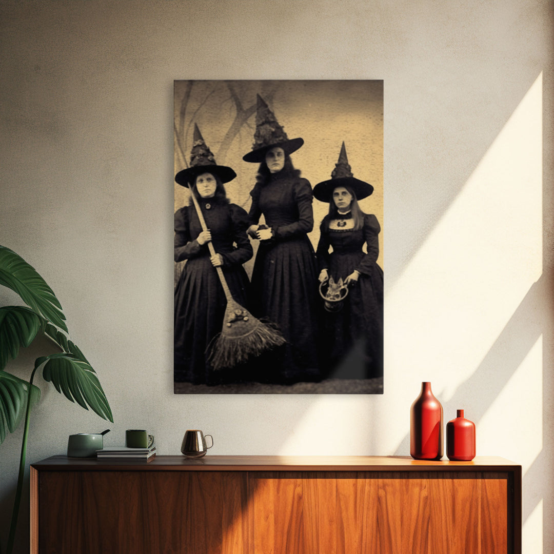 Victorian Witches, Vintage Tintype Style Photograph, Framed Canvas Print, Gothic Wall Art, Dark Academia, Witch Art