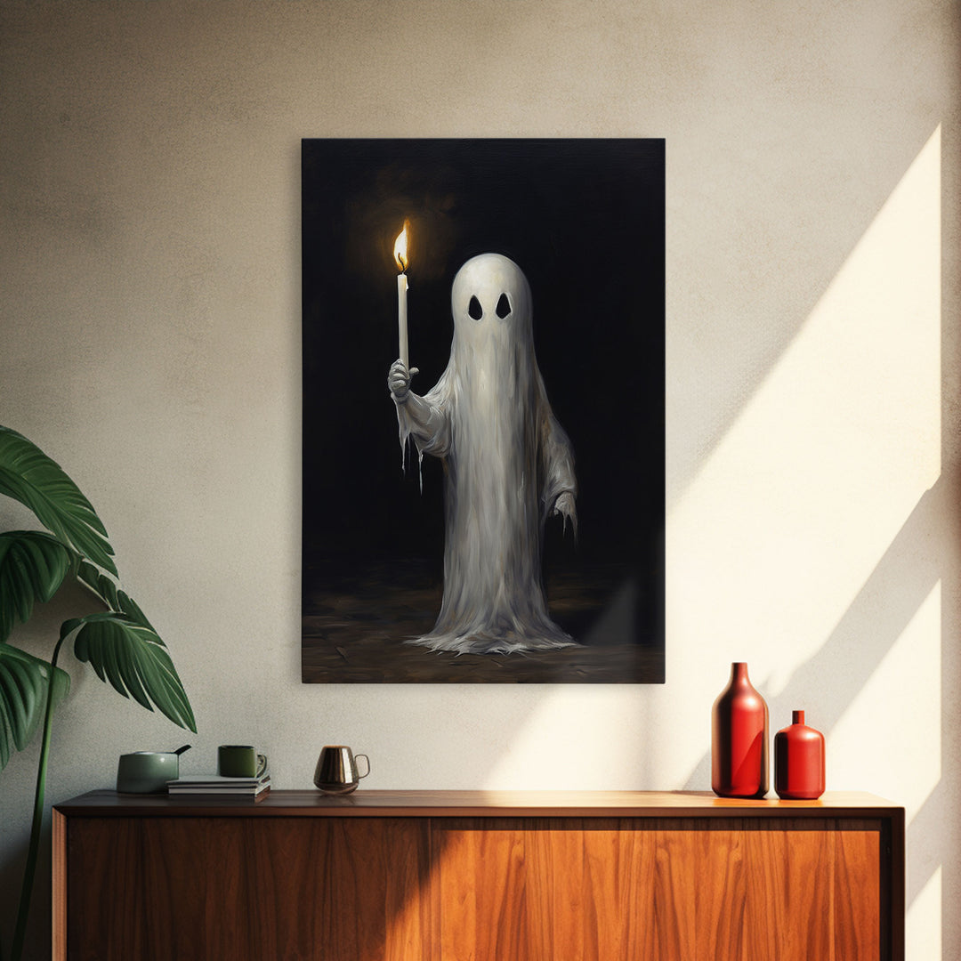 Spooky Halloween Ghost Holding a Candle, Vintage Canvas Print, Canvas Art, Dark Academia, Haunting Ghost, Halloween Decor, Halloween Art