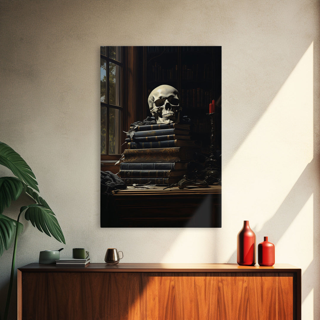 Gothic Victorian Book Shelf With Skull, Vintage Canvas, Art Canvas Print, Dark Academia, Gothic Victorian, Reading Gifts, Halloween Decor